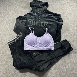 Juicy Couture 3pc Tracksuit Set Women L Black Velour Hoodie Joggers Purple Bra